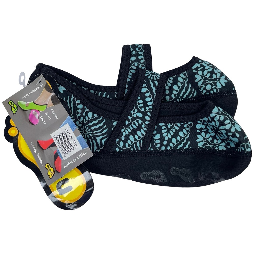 Nufoot SeaFoam Mary Jane‎ Flats Women L Neoprene Teal Floral Travel Yoga Shoes